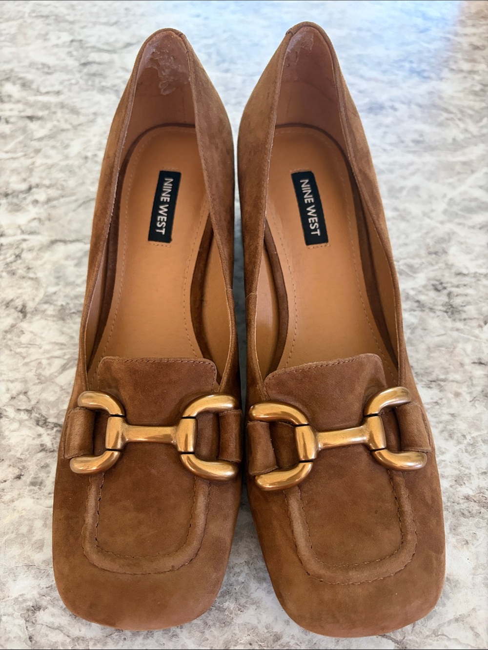 Nine West Brown Suede Loafers with Gold-Tone Bit